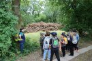 Gruppe von Kindern mit Försterin im Wald.