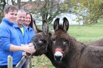 Drei Personen stehen an Zaun, dahinter zwei Esel.