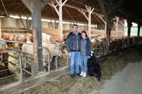 Mann und Frau mit Hund in Kuhstall